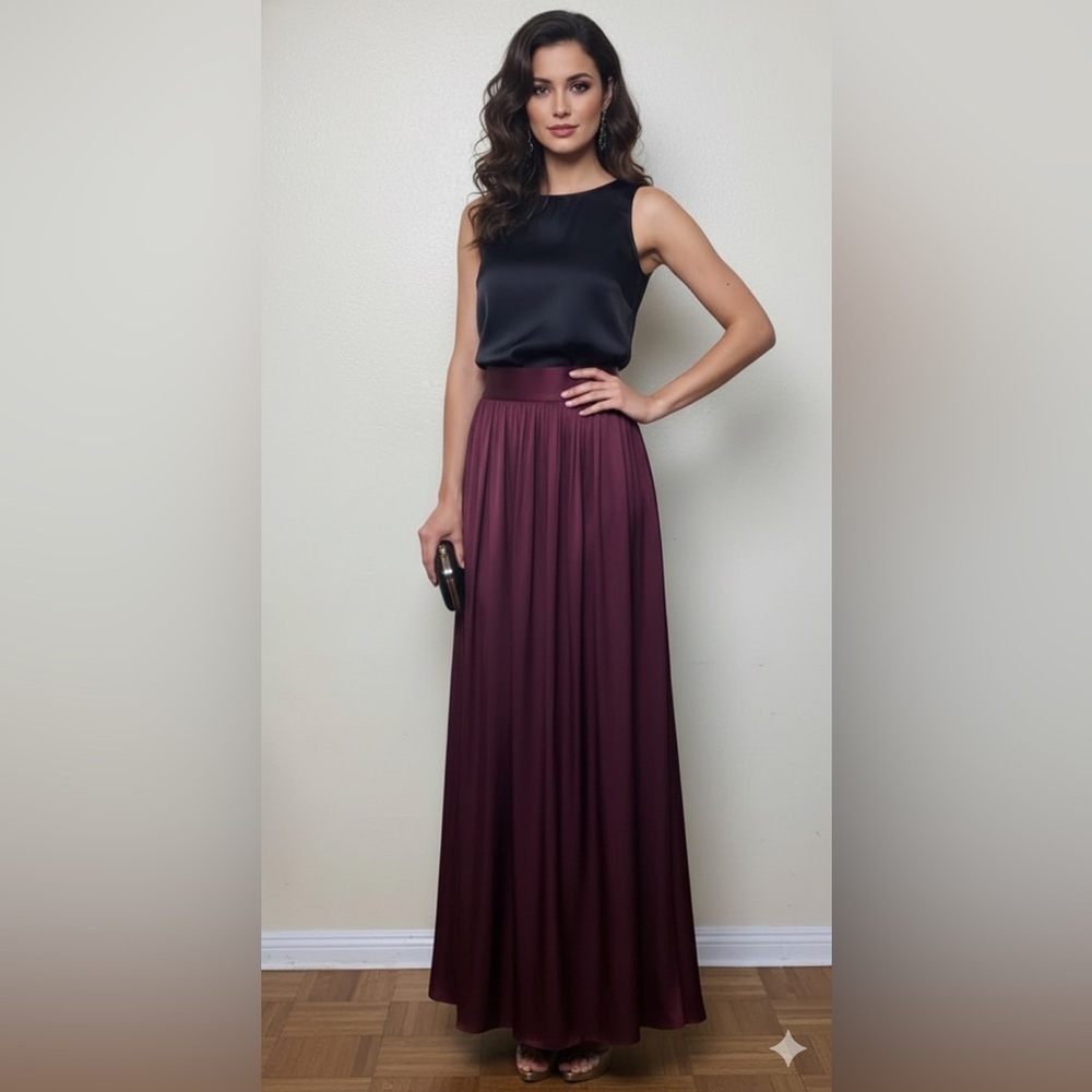 $1095 St. John Feminine Ballet Maxi Liquid Satin Pleated Skirt SMALL Maroon